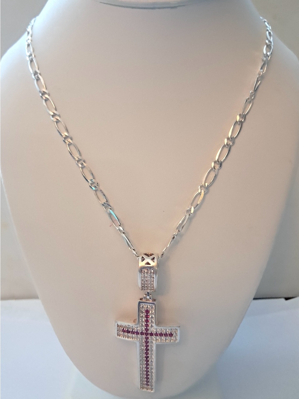 Sterling Silver Cross Necklace with Pink zirconia sterling silver 9.25